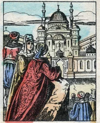 Aladin wenst dat de Geest een weelderig paleis bouwt tegenover het paleis van de Sultan. Gravure van het verhaal Duizend-en-een-nacht "Aladin en de Wonderlamp". Epinal afbeelding, eind 19e eeuw. Privécollectie.