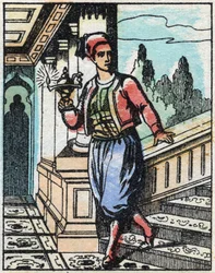 Aladin met de magische lamp vindt zijn weg niet meer. Gravure van het verhaal van Duizend-en-een-nacht 