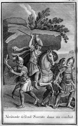 Alcibiades (450-404 v.Chr.), Atheense staatsman en strateeg verdedigt Socrates in een gevecht. In 