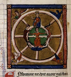 Alexander III De Grote (356-323 v.Chr.) zittend op het rad van Fortuin omringd door de Tetramorf. Miniatuur uit het manuscript 