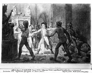 Alexandre Lenoir (1761-1839) verzet zich tegen de vernietiging van de koninklijke graven van de Franse monarchie in de kerk van Saint-Denis, 1793