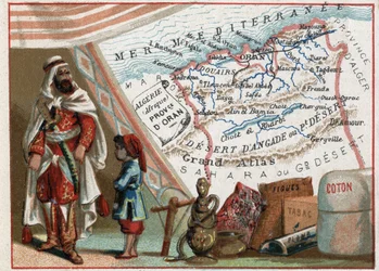 Algerije in Afrika en de provincie Oran, Frankrijk. Serie over de Franse departementen. Import van vijgen, katoen, tabak, agaat en lood. Chromolithografie "de geografische draad", circa 1920. Privécollectie