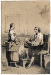Alois Senefelder (of Aloysius of Aloys) of Johann Nepomuk Franz Aloys (1771-1834), een Tsjechische dichter en graveur, blijft zonder een vel papier in een moment van woede en wanhoop dat hem ertoe bracht alles in de vlammen te gooien, schreef de notitie va
