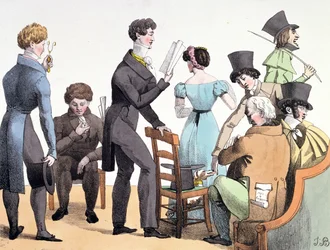 Een auteur leest zijn werk voor aan een select gezelschap, maart 1821