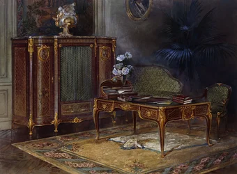 Een Interieur met een Louis XV Stijl Ormulu-gemonteerd en Parquetry Bureau Plat en Bibliotheek