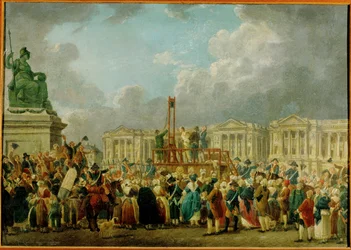 Een executie op de Place de la Révolution, het voormalige Square Louis XV, nu Place de la Concorde, Parijs ... (olieverf op hout)