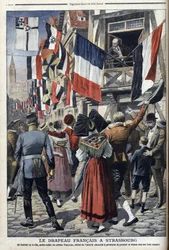 Een oude Franse soldaat in door Duitsland bezet Straatsburg mag de Franse vlag tonen - 