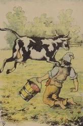 Een mislukte poging om een koe te melken (kleur litho)