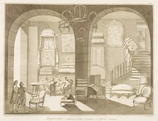 Een stoffeerderswinkel, uit de Encyclopedie des Sciences et Metiers door Denis Diderot (1713-84) gepubliceerd ca. 1770