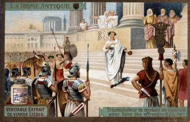 Oud Rome: Triomfator naar het Capitool om offers te brengen aan Jupiter - Chromolithografie Liébig, ca. 1900