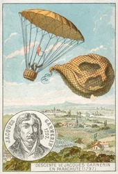 Andre-Jacques Garnerin daalt af van een ballon met een parachute