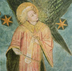 Engel muzikant die een gigue speelt (detail)