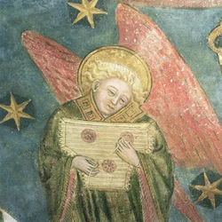 Engel muzikant die een psalterium speelt (detail)