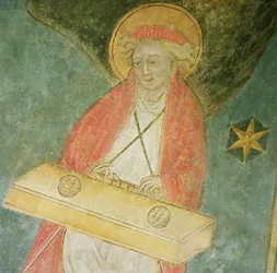 Engel die een klavecimbel speelt, detail van het gewelf van de crypte