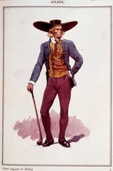 Anjou-boerenkostuums. 19e-eeuwse gravure. Parijs, Decoratieve Kunsten
