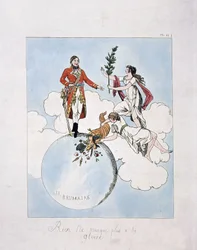 Apotheose van Napoleon-Bonaparte tijdens de staatsgreep van 18 brumaire jaar VIII (9.11.1799). (nimfen presenteren hem laurier en hoorn des overvloeds)
