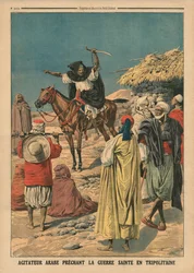 Arabische agitator predikt de Heilige Oorlog in Tripolitania, illustratie uit 