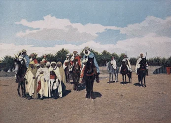 Arabische gevangenen: Een konvooi van Arabische gevangenen wordt voor de Agha gebracht onder escorte van dairos onder bevel van een spahi - in Militair Album - Spahis