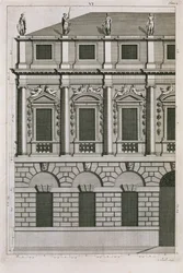 Architectonisch ontwerp dat Palladiaanse verhoudingen demonstreert, gegraveerd door Bernard Picart (1673-1733) ca. 1716