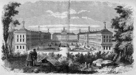 Architectuur: algemeen zicht op het militair hospitaal van Vincennes (1858). Gravure in "Le Monde Illustré" nr. 61 van 12 juni 1858.