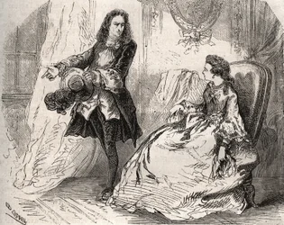 Armande Béjart (1641-1700), echtgenote van Jean-Baptiste Poquelin, bekend als Molière (1622-1673), met haar minnaar, de graaf van Guiche. Gravure uit 1871 in „Histoire des Cocus Célèbres” van Henry de Kock (1819-1892).