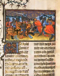 Armee vechter. Miniatuur uit het manuscript van Francesco Petrarca of Petrarch (1304-1374) Italiaanse geleerde, dichter en humanist, De Viris Illustribus, 23rv. Universiteitsbibliotheek van Valencia.