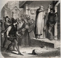 Arnaud du Tilh (Thil) is vastgebonden aan een galg en onderworpen aan de beledigingen van de menigte voor zijn executie wegens het usurperen van de identiteit van Martin Guerre (circa 1524 rond 1560). Gravure uit 1871 in 