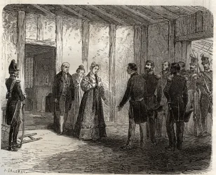 Arrestatie van hertogin van Berry (1798-1870 Marie-Caroline de Bourbon-Sicilië) in Nantes op 7 november