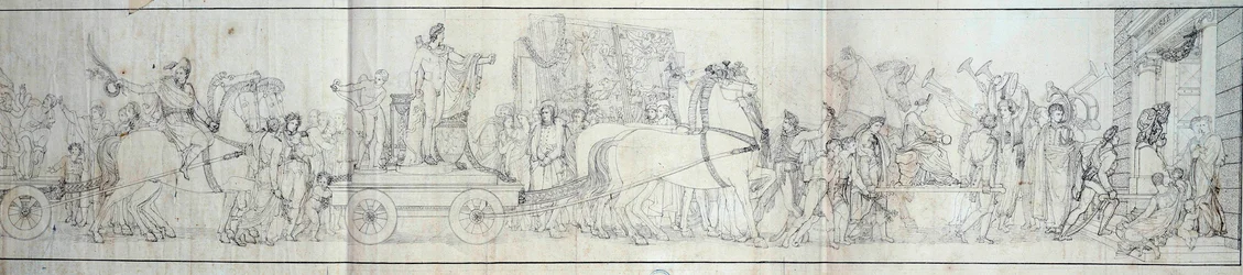Aankomst in Parijs van objecten veroverd door het Franse leger in Italië. Het plunderen van kunstwerken was het doel van expedities door Dominique Vivant Denon onder bevel van consul Napoleon Bonaparte voor het Musee Napoleon (nu het Louvre Museum) Gravure