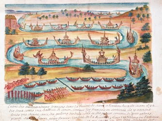 Aankomst van de Franse ambassadeurs in Siam, uit een verslag van de Jezuïeten in Siam, 1688