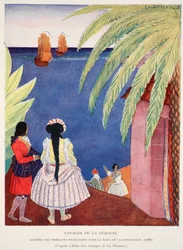 Aankomst van de Franse fregatten in de Baai van Conception, Voyages of Perouse, kopie door M. Charles Sanlaville (fl.1920-30), illustratie uit Histoire de la Nation Francaise door Gabriel Hanotaux (1853-1944), 1924