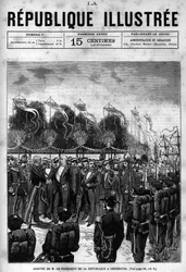 Aankomst van de president van de republiek Jules Grevy (1807-1891) bij de vieringen in Cherbourg. Een krant. Gravure uit 1880 in 