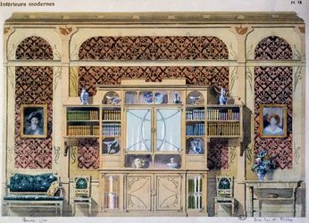 Art nouveau stijl bibliotheek, illustratie uit het tijdschrift Interieurs Modernes