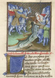 Middeleeuwse soldaten vechtend, over een rivier, uit Chroniques d
