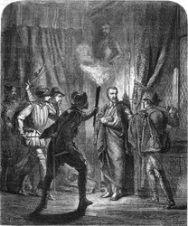 Moord op admiraal de Coligny tijdens het bloedbad van Sint-Bartholomeüs in 1572. In “Histoire populaire de la France”, ongedateerd, circa 1885. Gravure.