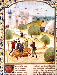 Moord op een Engelse ridder buiten Parijs in 1437 (Honderdjarige Oorlog), boekverluchting uit de door Jean de Wavrin geschreven Kronieken van Engeland