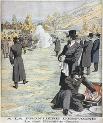 Aan de Spaanse grens, duel tussen Paul Deroulede en Jean Jaures, illustratie uit Le Petit Journal: Supplement illustre, 18 december 1904