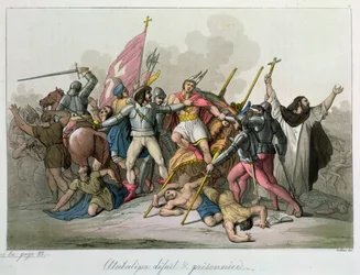 Atahualpa verslagen en gevangengenomen door de troepen van Francisco Pizarro, 1820