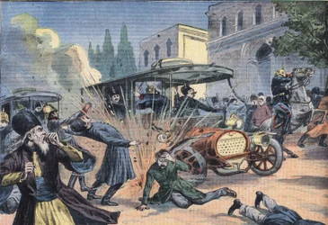Aanval op de sjah van Perzië Mohammad Ali Shah Qajar (1872-1925). Gravure uit de krant "Le Petit Parisien"