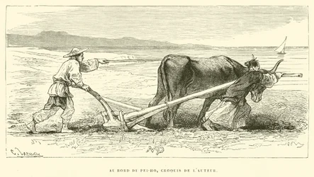 Au Bord du Pei-Ho, schets van de auteur (gravure)