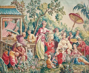 Aubusson Carton voor een Wandtapijt van Figuren in een Oosterse Tuin