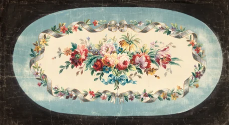 Aubusson ontwerp voor een bankrug of zitrug van boeketten van gemengde bloemen binnen lint- en bloemenranden