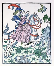 Aucassin en Nicolette op een paard, uit de vroege 13e-eeuwse chantefable Aucassin et Nicolette