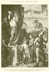 Auguste presente aux deputes des trois provinces de la Gaule Celtique, reunis a Lyon, la constitution par laquelle ces provinces devront etre regies