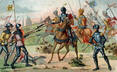 Slag bij Roosebeke op 27 november 1382 (Rozebeke, België). Chromolithografie van het einde van de 19e eeuw.