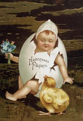 Baby in een ei naast een kuiken - wenskaart voor Pasen