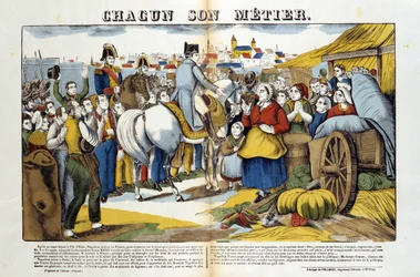 Terug van Elba-eiland, Napoleon werd enthousiast begroet door de Fransen. Afbeelding van Epinal