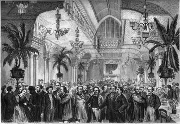 Banket van de krant "Le Figaro", gegeven op 6 februari 1864 in de salon van het Restaurant du Passage des Princes in Parijs, bijgewoond door journalisten, schrijvers, artiesten... Aanwezig, van links naar rechts: Nestor Roqueplan, Mme Ugalde, de Montaut, P