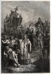 Doop van de heidense Saksische leider Widukind onder druk van keizer Karel de Grote - Karel de Grote legt de Saksen de doop op - Bekering van Widukind of Witikind voor Karel de Grote in 785 - gravure uit ‘L