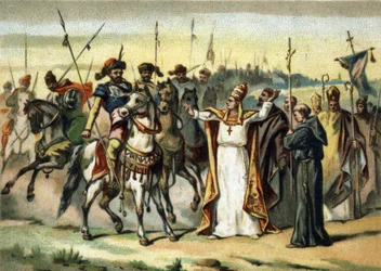 Barbaarse invasies - Attila en Sint Leo I de Grote (440-461): de barbaar Attila, leider van het Hunnenvolk, ontmoet paus Sint Leo de Grote die erin slaagde hem te overtuigen Italië te sparen. Chromolithografie van de late 19e eeuw